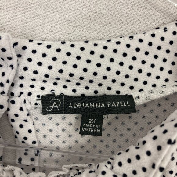 Adrianna Papell White Black Polka Dot Ruffle Stretch Preppy Blouse 2X - Picture 2 of 9